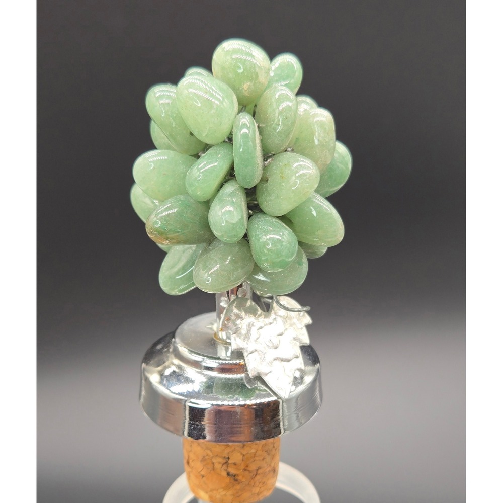 Green Aventurine Quartz Grape Cluster Wine Bottle Stopper Silver Leaf Cork